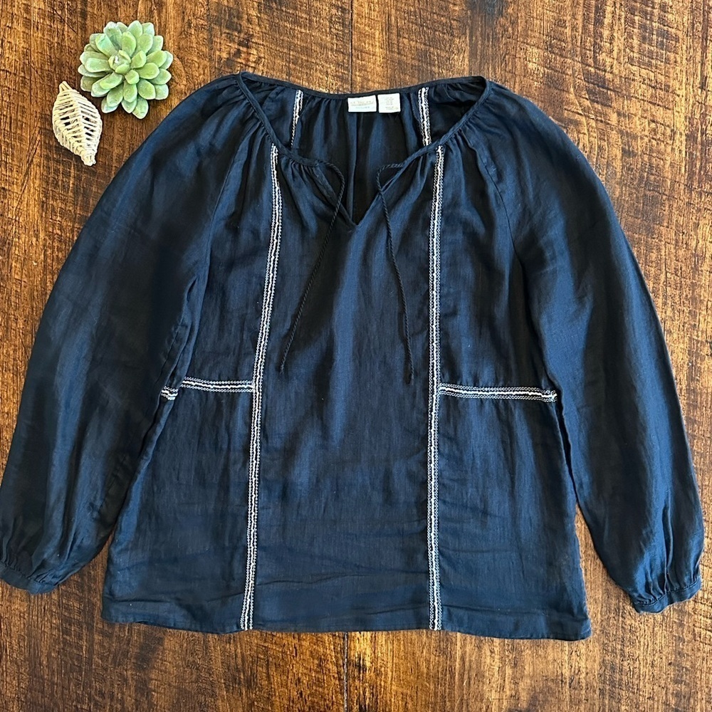 St. Tropez West | 100% Linen Black Peasant Top with Tie Neckline